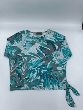 Easywear By Chicos Tropical Leaf Print Elbow Sleeve Top with Side Tie 1